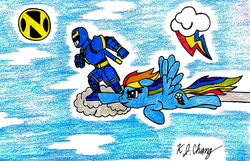 Size: 1024x658 | Tagged: safe, artist:stealthninja5, rainbow dash, pegasus, pony, g4, crossover, female, ninja sentai kakuranger, ninjaman, ninjor, power rangers, super sentai, traditional art