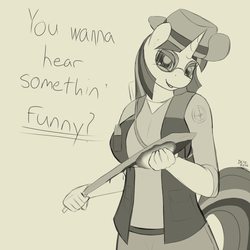 Size: 1000x1000 | Tagged: safe, artist:devs-iratvs, twilight sparkle, anthro, g4, blood, breasts, christian brutal sniper, dialogue, female, glasses, grayscale, monochrome, sniper, sniper (tf2), solo, team fortress 2, weapon