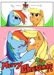 Size: 800x1117 | Tagged: safe, artist:kogarasumaru24, applejack, rainbow dash, pony, g4, blushing, christmas, comic, eyes closed, female, holiday, japanese, kissing, lesbian, looking up, merry christmas, mistletoe, nervous, pixiv, ship:appledash, shipping, surprise kiss, surprised