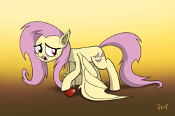 Size: 2321x1541 | Tagged: safe, artist:fimflamfilosophy, fluttershy, bat pony, pony, bats!, g4, apple, female, flutterbat, race swap, solo