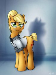 Size: 1200x1600 | Tagged: safe, artist:conicer, applejack, earth pony, pony, fanfic:asylum, g4, alternate hairstyle, alternate universe, asylum, clothes, doctor applejack, fanfic, fanfic art, female, glasses, hair bun, solo, when you see it