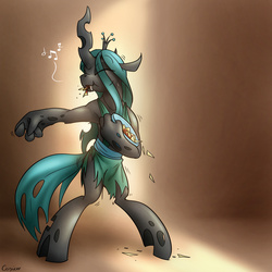 Size: 1600x1600 | Tagged: safe, artist:conicer, queen chrysalis, changeling, changeling queen, anthro, unguligrade anthro, g4, chips, dancing, eating, female, hooves, nachos, salsa, solo