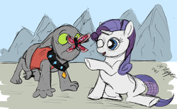 Size: 984x606 | Tagged: safe, artist:intelligent-zombie, rarity, rover, butterfly, diamond dog, g4, diamond puppy, filly, puppy