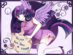 Size: 1600x1200 | Tagged: safe, artist:kichikutie23, twilight sparkle, human, g4, anime, anime style, cheongsam, clothes, female, flower, flower in hair, horn, horned humanization, humanized, light skin, moe, pixiv, shoes, socks, solo, tailed humanization, thigh highs, twilight sparkle (alicorn), winged humanization