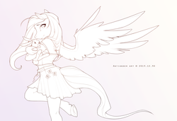 Size: 2452x1678 | Tagged: dead source, safe, artist:antiander, angel bunny, fluttershy, pegasus, anthro, unguligrade anthro, g4, clothes, dress, monochrome, underhoof