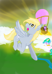 Size: 2480x3508 | Tagged: safe, artist:jonah-yeoj, derpy hooves, princess celestia, twilight sparkle, pegasus, pony, g4, female, hot air balloon, mare, twinkling balloon