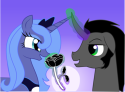 Size: 1041x768 | Tagged: safe, artist:glitteronin, king sombra, princess luna, g4, black rose, floppy ears, moon, rose, s1 luna, ship:lumbra, shipping, what if, younger