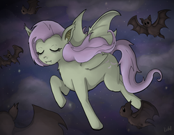 Size: 900x700 | Tagged: safe, artist:kiziotta28, fluttershy, bat, bat pony, pony, bats!, g4, female, flutterbat, flying, race swap, solo