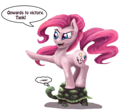 Size: 550x500 | Tagged: safe, artist:gingerfoxy, pinkie pie, tank, earth pony, pony, tortoise, g4, duo, female, mare, pinkie pie riding tank, ponies riding turtles, raised hoof, riding, simple background, speech bubble, tank is not amused, transparent background