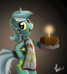 Size: 1800x2000 | Tagged: safe, artist:bronyontheway, lyra heartstrings, pony, unicorn, semi-anthro, g4, apron, bipedal, cake, clothes, female, looking at you, mare, oven mitts, smiling, smiling at you, solo