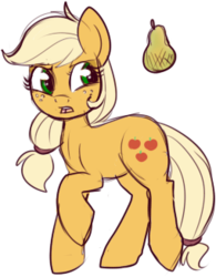 Size: 255x327 | Tagged: safe, artist:lulubell, applejack, g4, disgusted, do not want, female, open mouth, pear, raised hoof, simple background, solo, suspicious floating fruit, transparent background