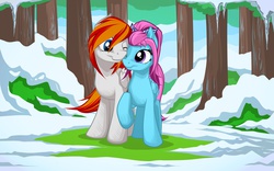 Size: 2560x1600 | Tagged: safe, artist:mysticalpha, oc, oc only, oc:heartfire, oc:tomatobox, pegasus, pony, duo, female, hairband, heartfire, looking at each other, male, mare, one eye closed, raised hoof, snow, stallion, standing, tree, winter