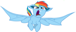 Size: 1597x675 | Tagged: safe, artist:batbow, rainbow dash, bat pony, pony, bats!, g4, bat ponified, fangs, female, flying, glare, open mouth, race swap, rainbowbat, simple background, solo, spread wings