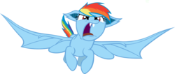 Size: 1597x675 | Tagged: safe, artist:batbow, rainbow dash, bat pony, pony, bats!, g4, bat ponified, fangs, female, flying, glare, open mouth, race swap, rainbowbat, simple background, solo, spread wings, transparent background