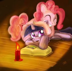 Size: 2868x2823 | Tagged: safe, artist:bufbaf, pinkie pie, twilight sparkle, g4, book, candle, reading