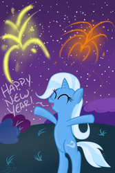 Size: 2000x3000 | Tagged: safe, artist:mikoruthehedgehog, trixie, pony, g4, bipedal, eyes closed, female, fireworks, happy new year, night, solo