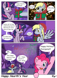 Size: 1200x1650 | Tagged: safe, artist:tikyotheenigma, derpy hooves, pinkie pie, twilight sparkle, earth pony, pegasus, pony, unicorn, g4, breaking the fourth wall, comic, female, happy new year, mare