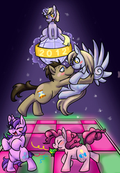 Size: 1000x1443 | Tagged: safe, artist:kitty-kitty-koneko, amethyst star, derpy hooves, dinky hooves, doctor whooves, pinkie pie, sparkler, time turner, pegasus, pony, g4, confetti, female, happy new year, mare, party horn