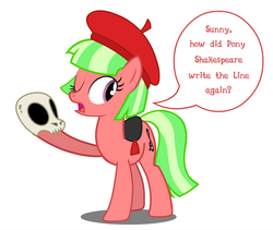 Size: 899x757 | Tagged: artist needed, source needed, safe, drama letter, watermelody, pony, g4, alternate design, background human, beret, female, ponified, skull, solo, yorick