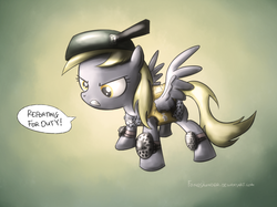 Size: 837x625 | Tagged: safe, artist:fongsaunder, derpy hooves, pegasus, pony, g4, armor, female, frying pan, mare, solo