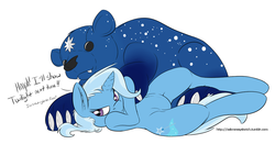 Size: 1280x672 | Tagged: safe, artist:messysketch, trixie, pony, unicorn, ursa minor, g4, cute, dialogue, female, mare, plushie, simple background, solo, teddy bear, ursa plush, white background