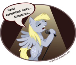 Size: 655x557 | Tagged: safe, artist:gingerfoxy, derpy hooves, pegasus, pony, g4, everybody hurts, female, mare, microphone, r.e.m., singing, solo
