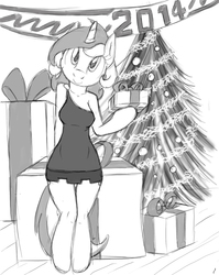 Size: 550x690 | Tagged: safe, artist:tg-0, lyra heartstrings, unicorn, anthro, semi-anthro, unguligrade anthro, 2014, arm hooves, breasts, christmas, christmas tree, clothes, dress, female, holiday, looking at you, miniskirt, monochrome, present, skirt, smiling, smiling at you, solo, tree