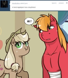 Size: 500x574 | Tagged: safe, artist:redhotkick, applejack, big macintosh, earth pony, pony, ask big red macintosh, g4, liar face, liarjack, male, scrunchy face, stallion