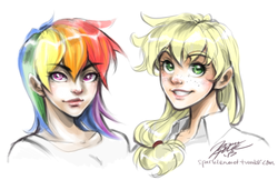 Size: 833x539 | Tagged: safe, artist:ddhew, applejack, rainbow dash, human, g4, freckles, humanized, light skin, portrait