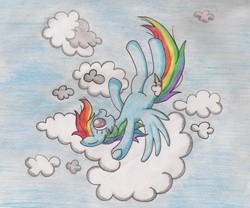 Size: 1786x1484 | Tagged: safe, artist:shinkuma, rainbow dash, g4, cloud, cloudy, female, solo, traditional art