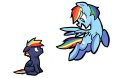 Size: 1024x640 | Tagged: safe, artist:kianamai, rainbow dash, oc, oc:prism bolt, kilalaverse, g4, colt, floppy ears, flying, male, mother and son, next generation, offspring, open mouth, parent:rainbow dash, parent:soarin', parents:soarindash, scrunchy face, simple background, sitting, smiling, spread wings