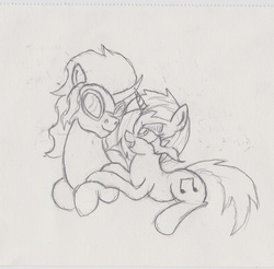 Size: 1724x1696 | Tagged: safe, artist:frikdikulous, dj pon-3, king sombra, vinyl scratch, pony, unicorn, g4, bedroom eyes, female, looking at each other, lying, lying down, male, shipping, straight, traditional art, vinyl's glasses