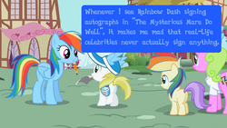 Size: 800x450 | Tagged: safe, edit, edited screencap, screencap, alula, daisy, flower wishes, lemon daze, mare do well, pluto, rainbow dash, pegasus, pony, g4, the mysterious mare do well, 4chan, autograph, butt, female, filly, foal, mare, mouth hold, pencil, plot, pony confession, rainbow wig