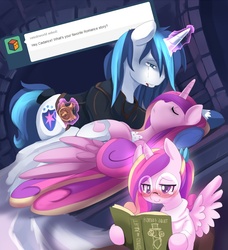 Size: 850x934 | Tagged: safe, artist:ende26, princess cadance, shining armor, ask high school cadance, g4, ask, bedroom eyes, blood, blushing, book, crying, eyes closed, glasses, implications, magic, on back, poison, reading, romeo and juliet, smiling, spread wings, tumblr, william shakespeare