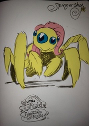 Size: 600x843 | Tagged: safe, artist:egypturnash, fluttershy, original species, spider, g4, cute, female, jumping spider, looking at you, my little pony logo, my little x, smiling, solo, species swap, spidershy, traditional art