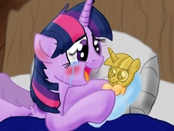 Size: 617x463 | Tagged: safe, artist:biosonic100, edit, twilight sparkle, alicorn, pony, g4, bad edit, bed, crying, mama twilight, meme, offspring, tears of joy, twilight scepter, twilight sparkle (alicorn), twilight's offspring