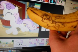 Size: 1306x875 | Tagged: safe, artist:7yashka7, artist:synch-anon, sweetie belle, g4, banana, food art, irl, photo, tattoo