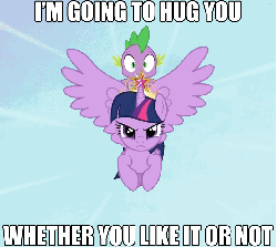Size: 805x720 | Tagged: safe, edit, edited screencap, screencap, spike, twilight sparkle, alicorn, dragon, pony, g4, animated, big crown thingy, caption, crown, dragons riding ponies, duo, female, flying, flying at you, frown, glare, hape, hug, image macro, imma snuggle you, imminent hape, incoming hug, it's coming right at us, jewelry, looking at you, male, mare, meme, non-consensual cuddling, regalia, riding, spike riding twilight, the fourth wall cannot save you, twilight sparkle (alicorn), wide eyes, wingless spike