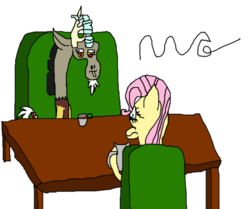 Size: 600x502 | Tagged: safe, artist:waterclam, discord, fluttershy, g4, chair, cup, drink, sitting, table, tea