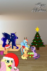 Size: 1200x1800 | Tagged: source needed, safe, applejack, fluttershy, princess luna, rainbow dash, scootaloo, twilight sparkle, g4, antlers, blushing, box, christmas, christmas lights, christmas tree, clown nose, hat, ornament, ornaments, present, red nose, rudolph dash, santa hat, tree