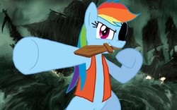 Size: 800x500 | Tagged: safe, rainbow dash, pony, g4, abstract background, alexander pistoletov, bipedal, dongcopter pirate, eyepatch, female, hilarious in hindsight, mare, mouth hold, pirate, pirate dash, pointing, reference, russian, solo, sword, wood sword