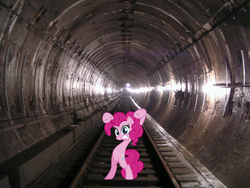 Size: 1024x768 | Tagged: safe, pinkie pie, earth pony, pony, firestarter spitfire, g4, bipedal, firestarter, irl, metro, parody, photo, ponies in real life, prodigy, reference, solo, tunnel