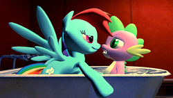 Size: 640x360 | Tagged: safe, artist:gmodspikeplz, rainbow dash, spike, dragon, pegasus, pony, g4, 3d, bath, bathtub, bedroom eyes, female, gmod, imminent sex, implied foalcon, male, mare, remake, ship:rainbowspike, shipping, straight