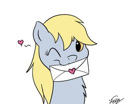 Size: 976x819 | Tagged: safe, artist:vigilantefreak, derpy hooves, pegasus, pony, g4, chest fluff, female, heart, letter, mail, mare, mouth hold, solo, wink