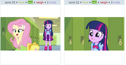 Size: 526x274 | Tagged: safe, fluttershy, twilight sparkle, derpibooru, equestria girls, g4, exploitable meme, eyes on the prize, juxtaposition, juxtaposition win, meme, meta