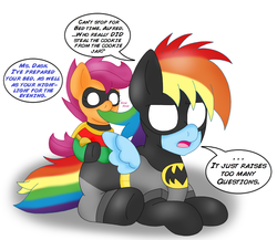 Size: 2300x2000 | Tagged: safe, artist:blackbewhite2k7, fancypants, rainbow dash, scootaloo, pegasus, pony, g4, baby, baby pony, baby scootaloo, batman, batman and robin, batmare, biting, crossover, dialogue, filly, foal, hair bite, lying down, movie reference, nom, offscreen character, parody, prone, robin, robinloo, speech bubble, younger