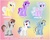 Size: 1300x1050 | Tagged: safe, artist:disfiguredstick, oc, oc only, oc:coulis, oc:galliant skies, oc:kaleido comet, oc:peach lovely, oc:static bolt, oc:wisteria bell, earth pony, pegasus, unicorn, adoptable, blue eyes, brown eyes, colored hooves, cyan eyes, earth pony oc, eyeshadow, facial hair, female, female symbol, freckles, goatee, golden eyes, gradient background, group, hooves, horn, lavender eyeshadow, lidded eyes, magenta eyes, makeup, male, male symbol, mare, pegasus oc, purple eyeshadow, sextet, spread wings, stallion, standing, unicorn oc, unshorn fetlocks, wings, yellow eyes