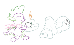 Size: 497x303 | Tagged: safe, artist:wryte, rarity, spike, g4, carrot, clothes, headless, modular, outline, scarf, snow, snowpony