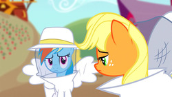 Size: 1280x720 | Tagged: safe, screencap, applejack, rainbow dash, castle mane-ia, g4, beekeeper, looking at you