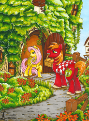 Size: 900x1221 | Tagged: dead source, safe, artist:fallenzephyr, big macintosh, fluttershy, earth pony, pegasus, pony, g4, bedroom eyes, blushing, door, flower, fluttershy's cottage, mouth hold, picnic, picnic basket, picnic blanket, ship:fluttermac, shipping, straight, traditional art